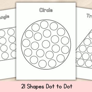 Puede incluir: Tres hojas blancas con dibujos lineales negros de formas. Las formas incluyen un rectángulo, un círculo y un triángulo, cada uno lleno de círculos espaciados uniformemente. El texto "Circle", "Rectangle" y "Triangle" está encima de cada forma. El texto "21 Shapes Dot to Dot" está en la parte inferior.