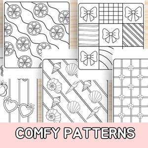 Puede incluir: Una colección de diseños de patrones en blanco y negro, que incluyen rodajas de cítricos, lazos, conchas marinas y rejillas florales. La frase "COMFY PATTERNS" se muestra en negrita en la parte inferior de la imagen.