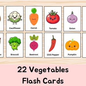 Könnte beinhalten: Lernkarten mit Illustrationen von 22 Gemüsesorten, darunter Kartoffeln, Karotten, Tomaten und Mais. Jede Karte zeigt ein Cartoon-Gemüse mit einem lächelnden Gesicht. Der Text "22 Vegetables Flash Cards" steht unten.