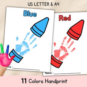 Puede incluir: Dos hojas de actividades imprimibles etiquetadas como US LETTER & A4 con diseños de cohetes. Una hoja muestra un cohete de crayón azul con una huella de mano azul, la otra un cohete rojo con una huella roja. Ambas incluyen una línea para un nombre.