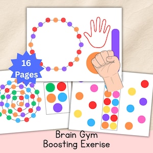 May include: A set of 16 pages of educational resources featuring colourful dot patterns, hand outlines, and a fist illustration. The text "Brain Gym Boosting Exercise" is displayed at the bottom of the image.