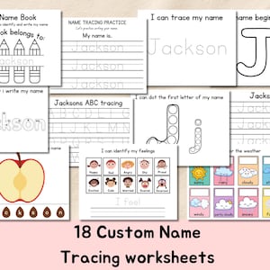 May include: A collection of 18 custom name tracing worksheets for early learning. The worksheets include name tracing practice, ABC tracing, and activities to identify feelings and weather. The name "Jackson" is featured throughout the worksheets.