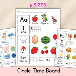 May include: Three educational worksheets titled Circle Time Board featuring letters, numbers, shapes, colors, and sight words. Each page includes colorful illustrations like an apple, alligator, ant, cat, car, ball, bear, banana, and various food items.