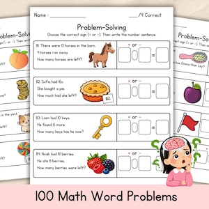 May include: A set of three worksheets with math word problems. Each worksheet features illustrated problems with images of a peach, coins, a cat, a lollipop, a horse, a pie, a key, and berries. The title "100 Math Word Problems" is at the bottom.