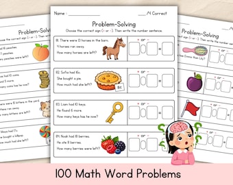 Resolución de problemas matemáticos de primer grado con imágenes, hojas de trabajo de suma y resta, problemas verbales, hoja de trabajo para alumnos de primer grado, matemáticas de primer grado.