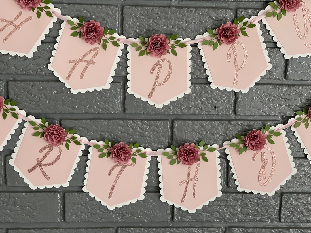 Dusty Pink Flowers Happy Birthday Banner Custom Floral Etsy