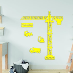 Gráfico de crecimiento de grúa de vehículo de construcción personalizado Rompecabezas Cm-In-Ft / Regla de gráfico de altura de madera personalizada / Cucharón, Camión, Juguetes de pared de excavadora