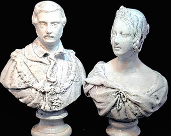 Miniature Busts of Queen Victoria and Prince Albert. Regal Home Decor, Victorian Interior Design. Historical Art and Sculpture.