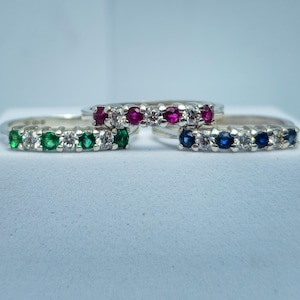 Seven Stone Moissanite Ring | Emerald, Ruby or Sapphire Sterling Silver Ring | Vintage Inspired 1/3 Eternity Ring | Birthstone Jewellery