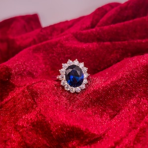 Royal Blue Spinel & Zircon Sterling Silver Ring. Lady Diana, Princess of Wales Inspired Handmade Fine Jewellery. Elegant Styling for Ladies.