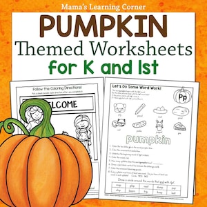 May include: Black and white printable worksheets for kindergarten and first grade featuring a pumpkin theme. The worksheets include activities like coloring, word work, and identifying the letter 'p'.