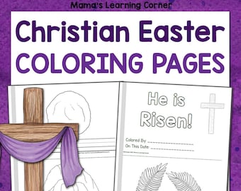 May include: Black and white colouring pages for Christian Easter. The first page features a cross with a purple cloth draped over it, a tomb, and the words "empty tomb". The second page features a cross, palm leaves, and the words "He is Risen!" and "palm leaves".