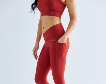 BeShaped Red Leggings with Pockets for Women Yoga Pants High Waist Tights Buttery Sof, Workout Trousers