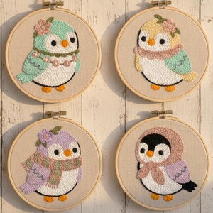 May include: Four embroidered hoop art pieces featuring adorable bird designs. Each bird is uniquely adorned with floral accents and scarves, set against a neutral fabric background. The text on the image says "Beginner Friendly", "4 Punch Pattern Set", "High Resolution", and "Instant Download".