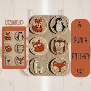 May include: A set of six punch needle patterns featuring animal designs, including a fox, penguin, owl, and llama. The patterns are displayed on round, beige fabric circles and are part of a punch pattern set. Additional fox designs are displayed in embroidery hoops.