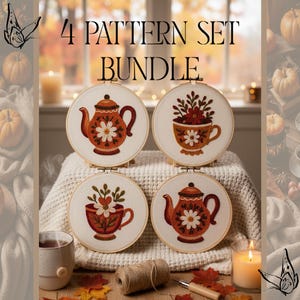 May include: Four embroidery hoops with fall-themed designs, including teapots and teacups with floral patterns. The text "4 PATTERN SET BUNDLE" is displayed above the hoops. The color palette includes shades of orange, brown, and cream.