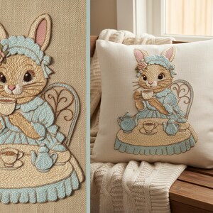 Kanin Tea Party Punch Needle Mönster | Vintage djurbroderi (digital mall)