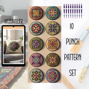 May include: A collection of ten circular punch needle patterns with floral motifs, presented with embroidery threads, needles, and a cushion featuring a matching design. The text "10 PUNCH PATTERN SET" is also visible.
