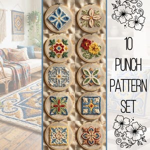 May include: A set of ten embroidered punch needle patterns in wooden hoops. The designs feature floral and geometric patterns in various colors, including blue, red, yellow, and green. The text "10 PUNCH PATTERN SET" is also visible.