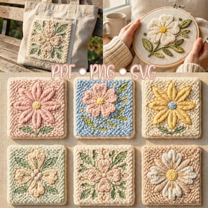 May include: An assortment of handmade floral embroidery pieces. The image shows a tote bag with a floral patch, a finished embroidery hoop, and six square floral designs in various colors, including pink, blue, and yellow. The text "PDF • PNG • SVG" is visible.