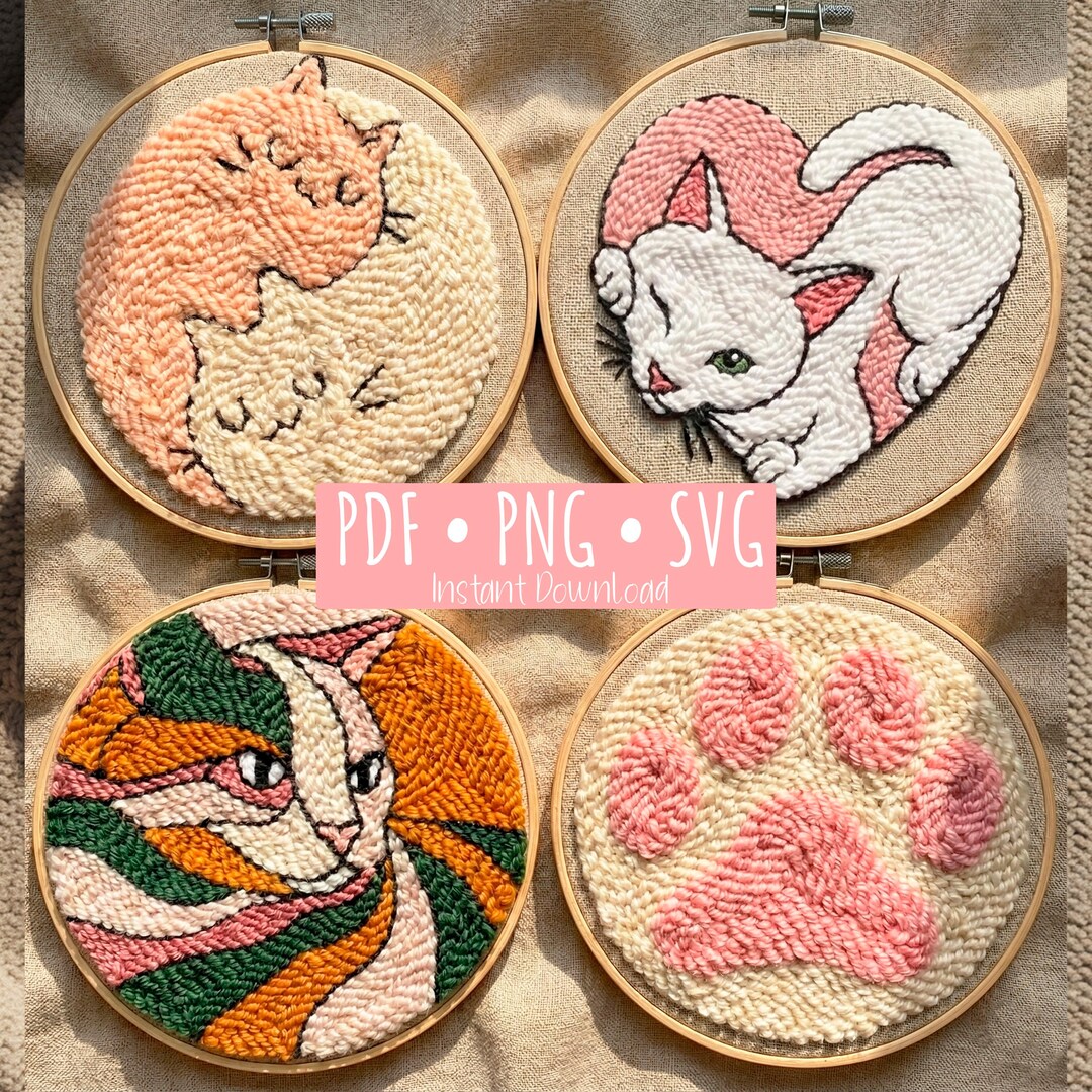 Cat Punch Needle Pattern Bundle, Beginner Friendly Embroidery Template ...