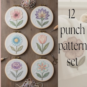 Puede incluir: Seis aros de bordado floral con varios diseños de flores en rosa, morado, azul y melocotón. Cada aro está enmarcado en un marco de madera. El texto "12 punch pattern set" es visible sobre un fondo blanco.