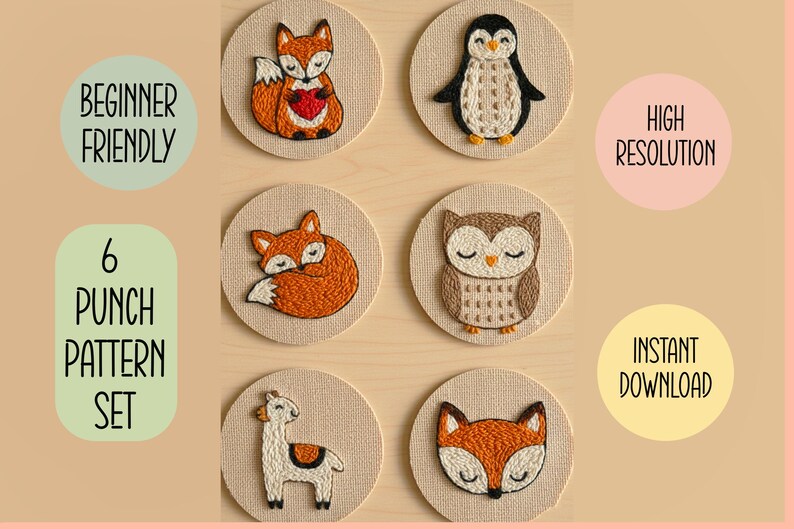 6 Animal Punch Needle Pattern Set – Fox, Owl, Penguin (PDF) - Etsy