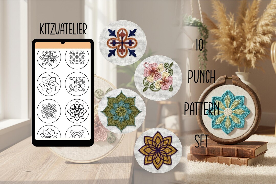 10 Boho Mandala Punch Needle Templates | Floral Embroidery Pattern Set ...