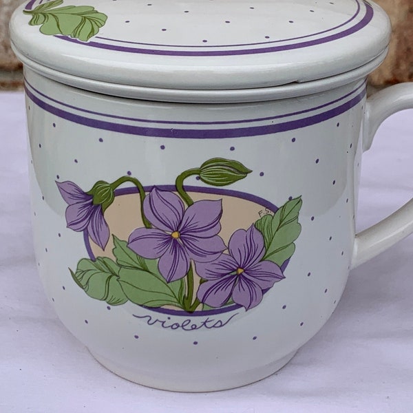Purple Flower Violets Polka Dot Pattern Tea Infusing Mug With Lid and Infuser Hand Decorated by Papel