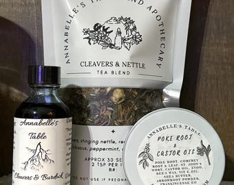 Cleavers, Nettle, Burdock & Poke Root Trio Herbal Tea Tincture and Salve Apothecary Products