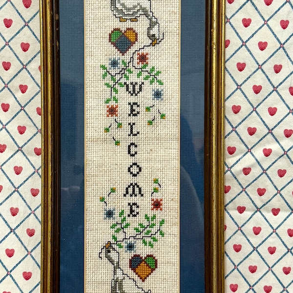 Vintage Gold and Blue Framed Needlepoint Welcome Ducks Goose Cross Stitch Sampler Wall Decor