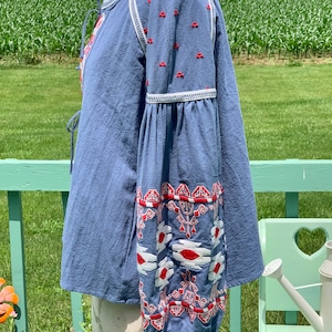 May include: A blue cotton blouse with red and white embroidery. The blouse has a tie at the neck and long sleeves with a gathered cuff. The embroidery is a geometric pattern.