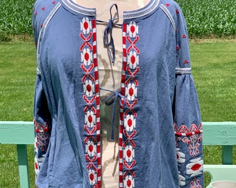 Anthropologie RD and Koko Blue Red and White Aztec Style Embroidered Jacket Size M