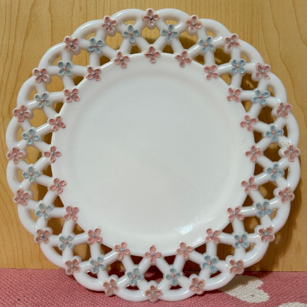 Vintage Hand Painted Milk Glass Decorative Plate with Pink and Blue Flowers
