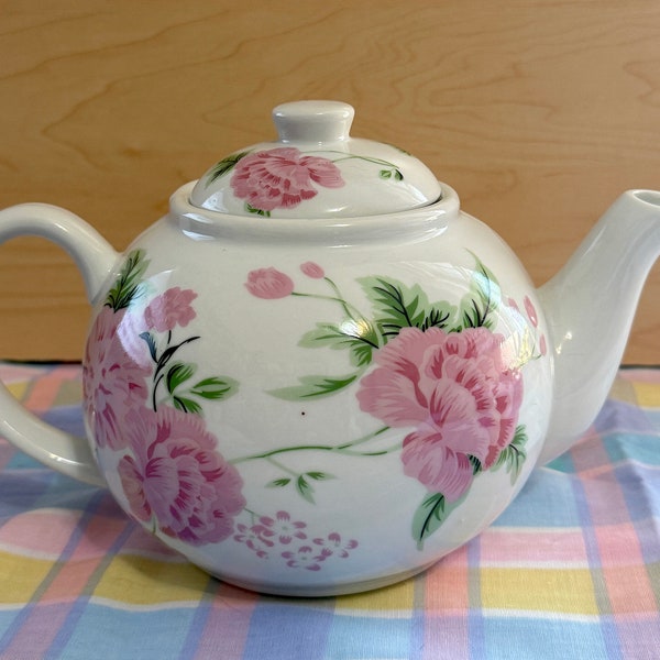 Vintage White Porcelain Teapot with Pink Peony Floral Design