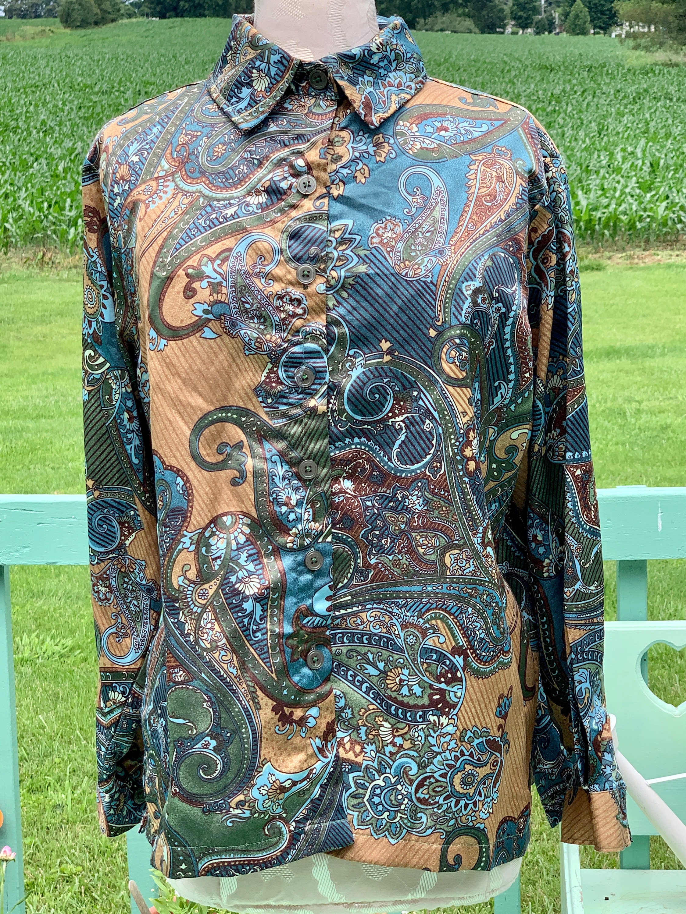 Vintage Salon Studio 70s Style Turquoise and Brown Button Up Paisley Abstract Pattern Dress Shirt Large