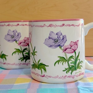 Pair of Vintage 1980’s Flowers Inc Balloons Pink and White Jane Bowen Floral Design Coffee Mugs