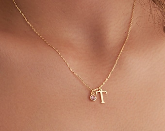 14K Gold Initial Necklace with Birthstone, Birthday Gifts for Her, Necklaces for Women, Custom Initial Necklace, Christmas Gifts, Necklace