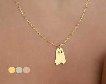 14K Solid Gold Halloween Ghost Necklace, Minimalist Bat Necklace, Minimalist Pumpkin Necklace, Minimalist Cute Ghost, Halloween Gift for Her