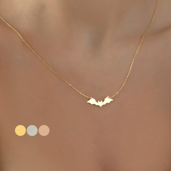 14K Solid Gold Halloween Bat Necklace, Minimalist Bat Necklace, Minimalist Pumpkin Necklace, Minimalist Cute Ghost, Halloween Gift for Her