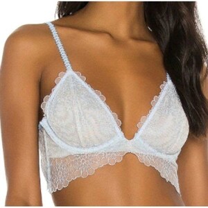 May include: A light blue lace bralette with adjustable straps and a delicate floral pattern.