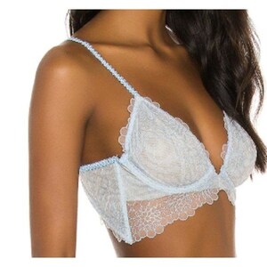 May include: A light blue lace bralette with adjustable straps and a delicate floral pattern.