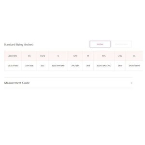 May include: A size chart for clothing with measurements in inches. The chart shows US/Canada sizes for XS, XS/S, S, S/M, M, M/L, L/XL, and XL.