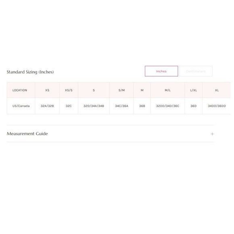May include: A size chart for clothing with measurements in inches. The chart shows US/Canada sizes for XS, XS/S, S, S/M, M, M/L, L/XL, and XL.