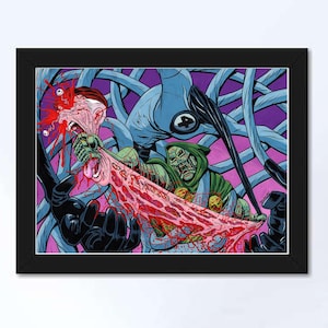 May include: Framed comic book art depicting a green-masked figure in a hooded cloak, using a weapon against a screaming person. The artwork has a purple and blue background and a black frame.
