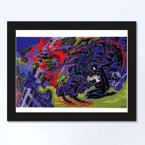 Puede incluir: Arte de cómic enmarcado que presenta a Spider-Man con un traje negro luchando contra el Duende Verde. La obra de arte está ambientada en un horizonte urbano con colores vibrantes y líneas de acción dinámicas, mostrando un conflicto de superhéroes clásico.