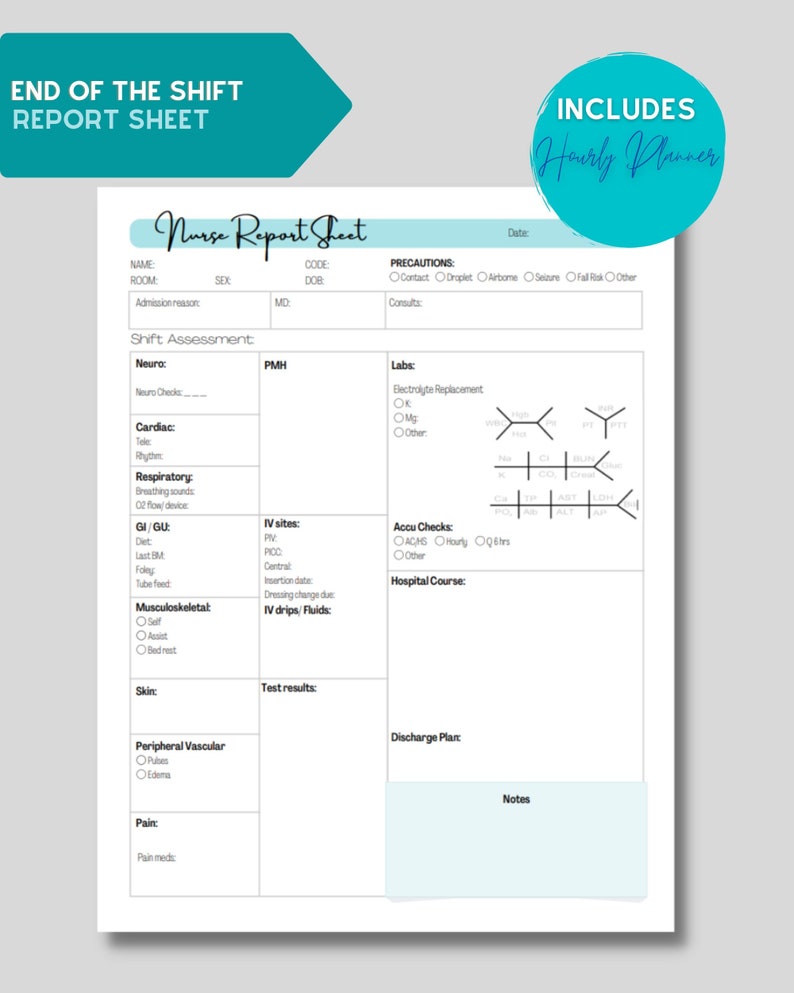 Nurse Report Sheet for End of Shift Handoff. Includes Hourly Planner ...