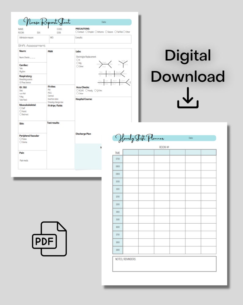 Nurse Report Sheet for End of Shift Handoff. Includes Hourly Planner ...