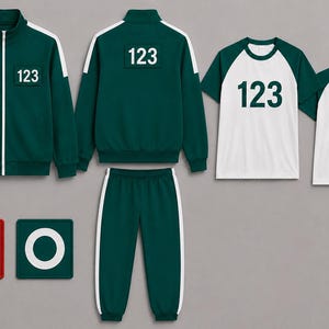 May include: A dark green track jacket with white side stripes and the number 123, matching track pants with white side stripes, and a white t-shirt with dark green raglan sleeves featuring the number 123. Includes red and green square patches.