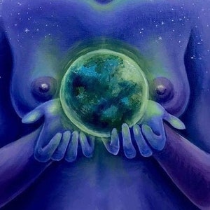 May include: A painting of a woman with long black hair and blue skin holding a glowing green orb in her hands. The background is a gradient of pink and purple.